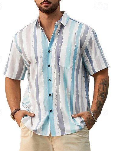  Herren Hemd Sommerhemd Freizeithemd Strandhemd Knopfhemd Schwarz Himmelblau Orange Leicht Blau Kurzarm Streifen Revers Urlaub Hawaiianisch Bekleidung Polyester Mode Lässig Bequem