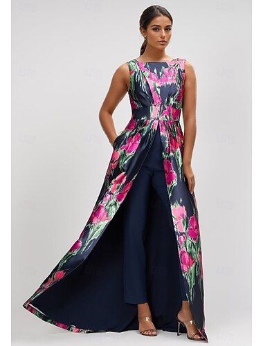  Mono de noche de corte A, elegante vestido formal para invitada de boda, largo hasta el suelo, sin mangas, cuello barco, satén con estampado floral y bolsillo 2025