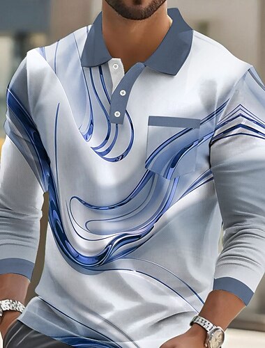  Herren Geometrisch Linie Polo Langarm Polo-Shirts Hemden mit Kragen Business-Casual Geschäft Athleisure Alltagskleidung Tasche 3D-Druck Knöpfe Frühling Herbst Winter Blau Gold Grün