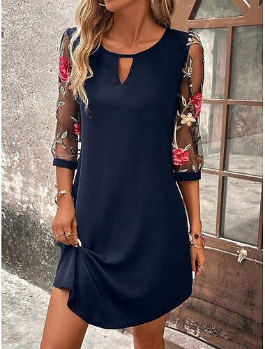  Damen Minikleid A Linie Kleid Sommerkleid Lässig Täglich Normale Passform Blumen Grafik Dreiviertelarm Rundhalsausschnitt Schwarz Wein Grün Dunkelblau Sommer
