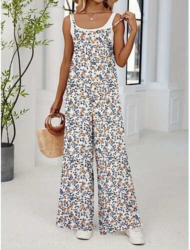  Damen Normal Overall Aktiv Blumen Ärmellos Weites Bein Rundhals Tasche Hohe Taille Urlaub Täglich Normale Passform Gelb Rosa Armeegrün Sommer