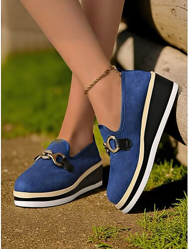  Dames Blauwe Platform Loafers met Metalen Gesp – Stijlvolle Instap Wedge Schoenen voor Casual Gebruik Kantoor en Reizen