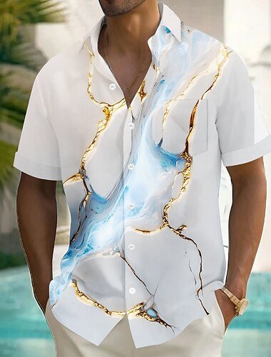  Herren Geometrisch Marmor Abstrakte Kunst Hemd Sommerhemd Knopfhemd Kurzarm Modisch lässig Urlaub Ferien Streetwear Sommer Umlegekragen 3D-Druck Eine Tasche vorne Leinenähnliches Hemd Weiß Grün
