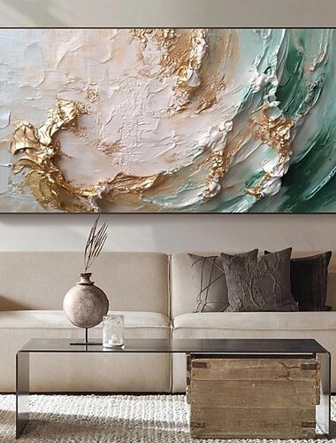  Handgemaakt olieverfschilderij op canvas, wanddecoratie, moderne abstracte dikke olieverf, gouden oceaan golven voor woonkamer, woondecoratie, gespannen frame, hangend schilderij/opgerold schilderij