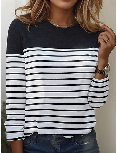  Damen T Shirt Gestreift Basic Langarm Rundhalsausschnitt Normale Oberteile Täglich Wochenende Bedruckt Schwarz Weiß Rote Blau Grau Herbst Winter