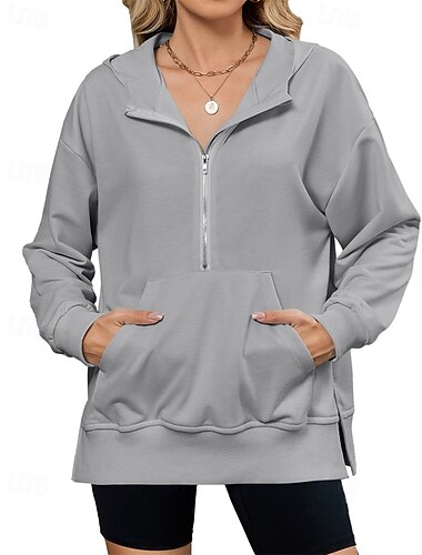  Damen Kapuzenpullover Einfach Streetwear Lässig Bequem Langarm Mit Kapuze Normale Oberteile Straße Ferien Ausgehen Fronttasche Viertel Postleitzahl Schwarz Rosa Blau Khaki Grau Herbst