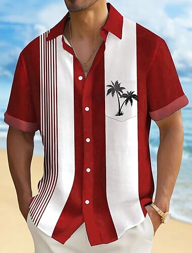  Herren Kokospalme Tropische Pflanzen Hemd Sommer Hawaiihemd Knopfhemd Kurzarm Hawaiianisch Ferien Strandbekleidung Sommer Frühling Umlegekragen 3D-Druck Hemden mit Kragen Eine Tasche vorne Rote Blau