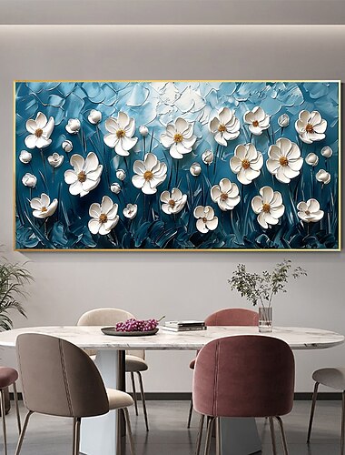  Dipinto a olio originale fatto a mano con fiori bianchi su tela, paesaggio astratto, arte murale per l'arredamento della casa con cornice tesa senza cornice interna.