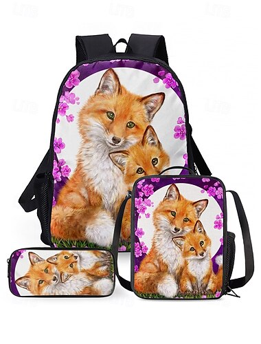  3-teiliges Fuchs-Rucksack-Set für Mädchen mit Lunchtasche und Federmäppchen – süßer Waldtier-Print für die Grundschule und den Alltag Kayomi Harai