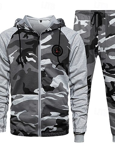  Herren Reißverschluss Kapuzensweatshirt Trainingsanzug Athleisure Herbst Langarm Winddicht Fitnessstudio Training Sport Sportbekleidung Sportkleidung Tarnung Armeegrün Khaki Grau