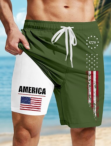  Tag der Unabhängigkeit Herren Amerikanische US-Flagge Patriotisch 1776 Gefütterte Shorts 2 in 1 Badeshorts Badehosen Mittlere Taille Ferien Seitentaschen Mit Kompressionsfutter Elastischer Kordelzug