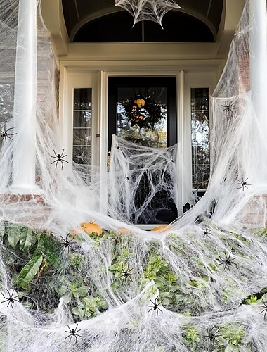  Decorațiuni bonus de Halloween cu pânze de păianjen de 1200 mp cu 100 de păianjeni falși, decorațiuni de grădină exterioare de Halloween, pânze de păianjen elastice DIY, atmosferă înfricoșătoare