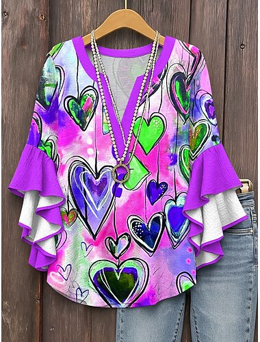  Damen Bluse Herz Grafik Bohemien Vintage Täglich Dreiviertelarm V Ausschnitt Normale Oberteile Täglich Ferien Druck Rote Blau Purpur Grün Sommer Frühling Herbst