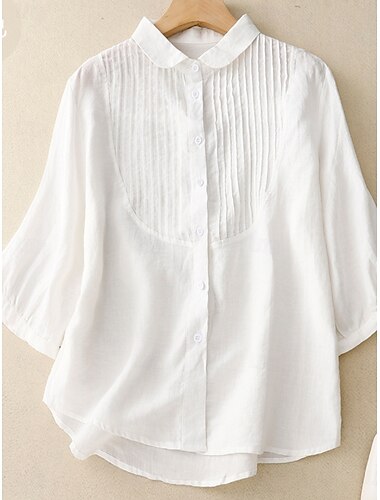  Women's Cotton Linen Shirts Solid Color Stylish Basic Casual 3/4 Length Sleeve Shirt Collar Regular Tops Daily Buttons White Pink Light Blue Summer