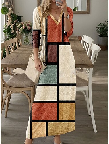  Damen Maxikleid T-Shirt-Kleid Lässig Outdoor Täglich Ferien Normale Passform Blumen Langarm V Ausschnitt Schwarz Rosa Blau Khaki Sommer