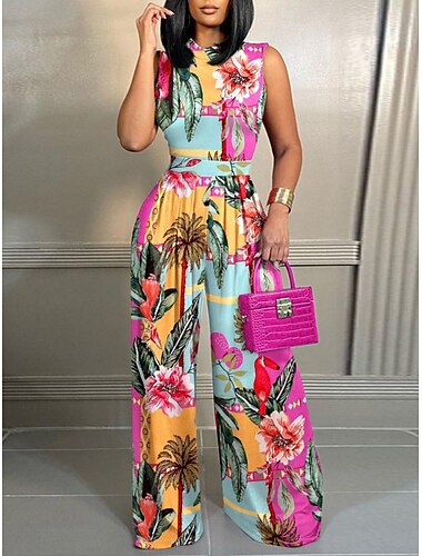  Damen Normal Overall Aktiv Blumen Ärmellos Weites Bein Rundhals Hohe Taille Druck Urlaub Täglich Normale Passform Rosa Marineblau Blau Sommer