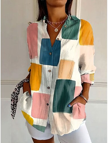  Damen Hemd Blumen Grafik Geometrisch Täglich Stilvoll Modern Langarm Hemdkragen Normale Oberteile Arbeit Täglich Knöpfe Druck Weiß Rosa Blau Orange Grün Sommer Frühling