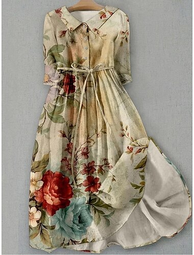  Damen Midikleid Shiftkleid Urlaub Lässig Boho Täglich Ferien Teegesellschaft Normale Passform Blumen Grafik Halbarm Revers Hellgelb Grün Dunkelblau Beige Sommer Frühling