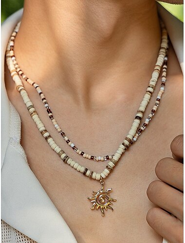  Herren-Sonnenanhänger mit Perlen im Tribal-Stil – mehrlagiger Retro-Schmuck im Bohème-Stil mit verstellbarer Länge für Strand-, Festival- und lässige Sommeroutfits