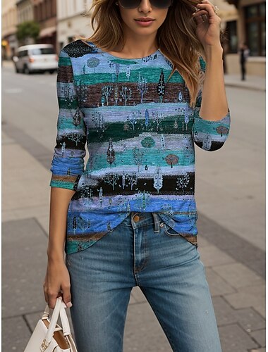  Damen T Shirt Grafik Geometrisch Gestreift Elegant Vintage Mode Langarm Rundhalsausschnitt Rundhals Normale Oberteile Täglich Ausgehen Wochenende Druck Gelb Rote Blau Purpur Grün Sommer Frühling