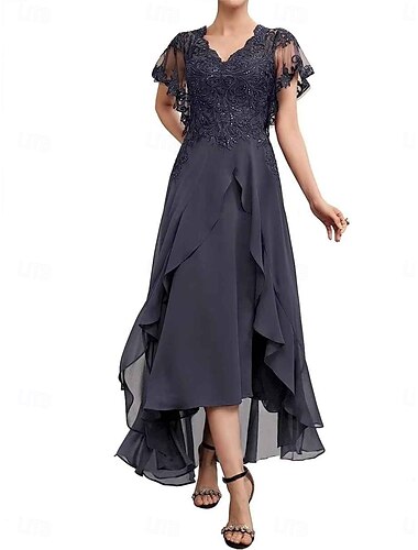  A-Linie Brautmutterkleid Elegant V Ausschnitt Tee-Länge Chiffon Kurzarm mit Einfarbig 2025
