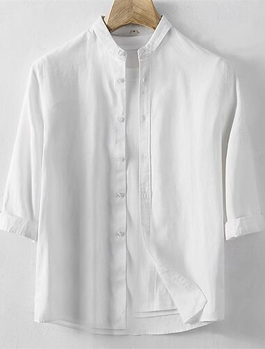  Herren Hemd Leinenhemd Freizeithemd Knopfhemd Baumwollhemd Einfach Urlaub Hawaiianisch Weiß Marineblau Hellgrau Beige Dreiviertelarm Stehkragen Sommer Frühling Bekleidung