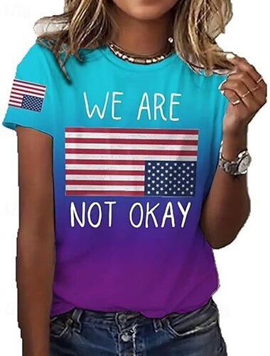  American Independence Day Women's T Shirt Letter National Flag Casual Short Sleeve Crew Neck Regular Tops Daily Weekend Print Black Blue Summer