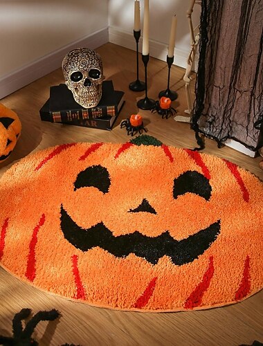  ハッピーハロウィンのためのカボチャのバスルームラグ、かわいいカボチャの形をしたラグ、洗濯機で洗えるオレンジ色のバスラグ、浴槽、リビング、寝室、子供部屋、キッチンの装飾、エリアラグギフト