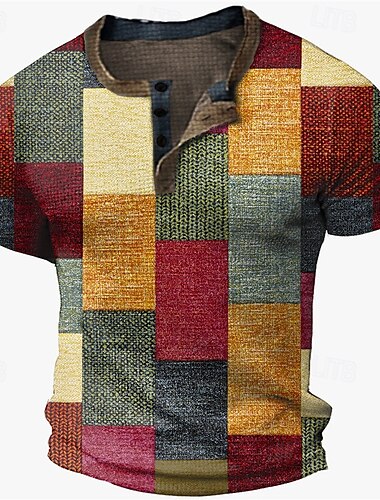  Hombre Graphic Bloque de color Ajedrez Camisa henley gofrada Manga Corta Impresión 3D Moda Design Básico Exterior Calle Diario Verano Amarillo Azul Piscina Café Gris Henley Camiseta Henley