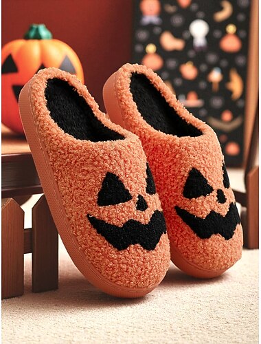  Damen-Halloween-Hausschuhe mit Kürbisgesicht – gemütliche orangefarbene Plüsch-Hausschuhe mit Kürbislaternen-Design für Herbstnächte und Kostümpartys &Geschenke