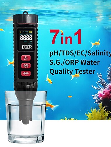  7-in-1-TDS-Wassertester 0,01, hochpräzises digitales pH-Meter, pH-/TDS-/EC-/Salzgehalt-/Temperaturtester, ppm-Wassertester für Trinkwasser, Hydrokulturpflanzen, Aquarien und Schwimmbäder