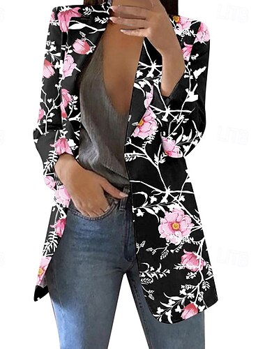  Dámské Blejzr Pohodlné Tisk Elegantní Módní Na běžné nošení Květinový Jdeme ven Běžné / Denní Kardigan Standardní Klopa Běžný Dlouhý rukáv Svrchní oděvy Černá Světlá růžová Nebeská modř Jaro Podzim