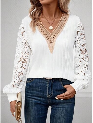  Damen Hemd Einfarbig Elegant Stilvoll Basic Langarm V Ausschnitt Normale Oberteile Täglich Spitze Patchwork Weiß Sommer Frühling