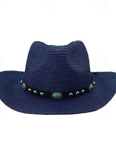  Strohhut mit geschwungener Krempe und Ledergürtel, Papiergewebter Strohhut, Cowboyhut, Sonnenhut, Sonnenschutz Gentlemanhut