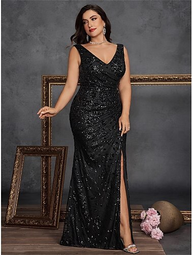  Sjöhästrar  Trumpet Plus Size Klänningar Elegant Kurva Klänning Formell Bröllop Golvlängd Ärm- och V-ringning Paljett V Rygg med Paljett Sprund 2025