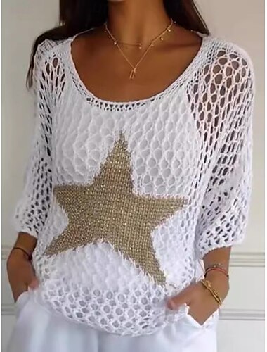  Damen Bluse Stern Stilvoll Lässig Dreiviertelarm Rundhalsausschnitt Normale Oberteile Täglich Ausschnitt Schwarz Weiß Rosa Orange Khaki Sommer