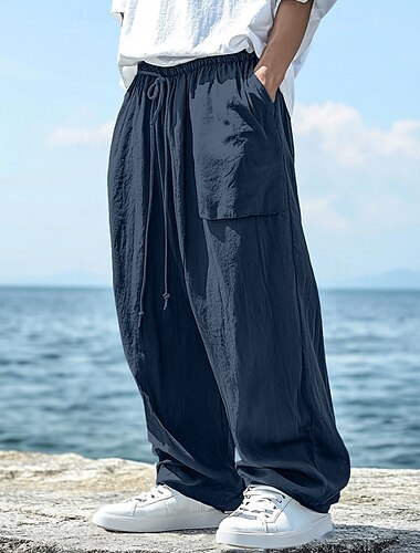  Herren Leinenhosen Hose Sommerhose Elastischer Bund Kordelzug Gerader Schnitt Einfach Komfort Atmungsaktiv Volle Länge Outdoor Lässig Täglich Mode Klassicher Stil Schwarz Marineblau Unelastisch