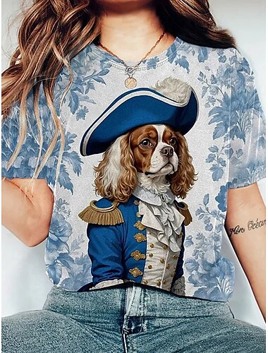  Damen T Shirt Grafik Tiermotiv Vintage Stilvoll Klassisch Kurzarm Rundhalsausschnitt Rundhals Normale Oberteile Täglich Druck Weiß Blau Leicht Blau Sommer