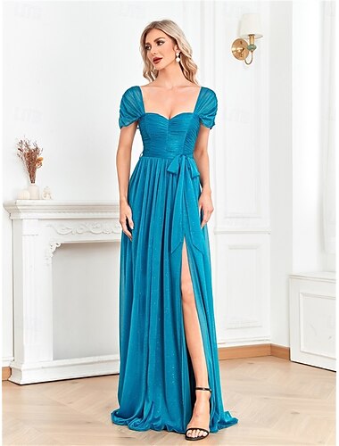  A-Linie Quinceanera-Kleider Elegant Kleid Formell Hochzeit Bodenlang Kurzarm Herzförmiger Ausschnitt Chiffon mit Schlitz 2025