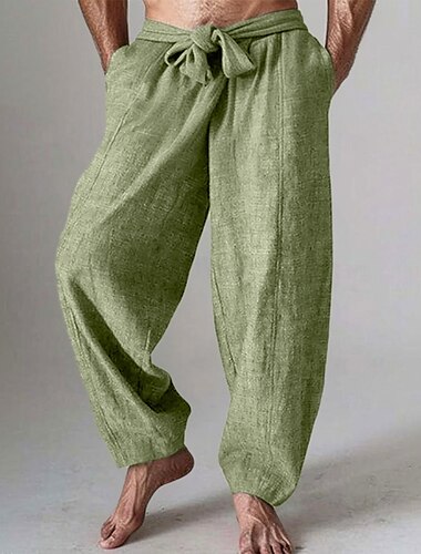  Herren Leinenhosen Hose Sommerhose Baggy-Hosen Elastischer Bund Kordelzug Gerader Schnitt Einfach Komfort Atmungsaktiv Volle Länge Outdoor Lässig Täglich Mode Klassicher Stil Weiß Grün Unelastisch