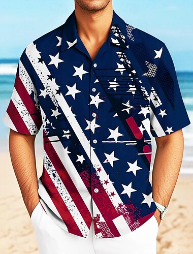  Tag der Unabhängigkeit Herren Amerikanische US-Flagge Patriotisch Hemd Freizeithemd Kuba-Kragen-Hemd Kurzarm Modisch lässig Ferien Streetwear Sommer Frühling Hemd mit Camp-Kragen 3D-Druck Hemden mit