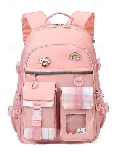  かわいい女の子のキャンパスバックパック - マルチポケットデザイン、チェック柄ステッチ、軽量で防水、大容量、毎日の通勤に適しています ブラック ピンク スカイブルー