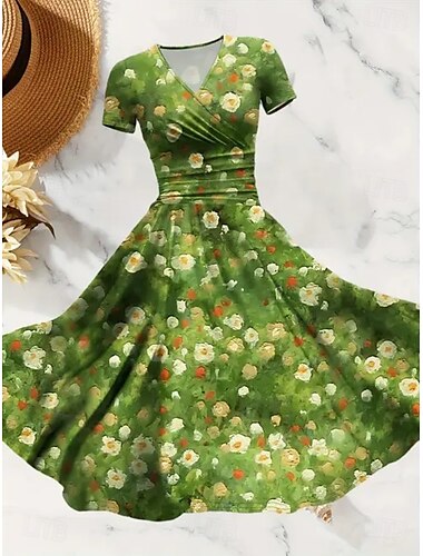  Dame Midikjole Sommerkjole Fit And Flare Dress Ferie Fest Fritid Bryllupsgjest Daglig Ferie Normal Blomstret Grafisk Kortermet V-hals Rosa Blå Mørkegrønn Grønn Sommer