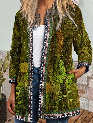  Damen Freizeitjacke Warm Bequem Tasche Mode Modern Blumen Straße Ausgehen Regulär Kragenlos Normale Passform Langarm Oberbekleidung Hellgrün Purpur Grün Herbst Winter