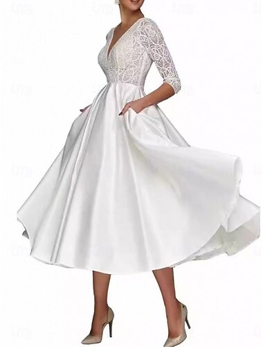  A-Linie Brautmutterkleid Elegant Einfach V Ausschnitt Tee-Länge Polyester Dreiviertelarm mit Einfarbig 2025