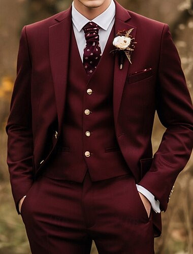  Pour des hommes Mariage Tenue de soirée Costumes Rouge Bordeaux Mode Formel Couleur Unie Coupe Standard 3 pièces Simple Boutonnage Deux Boutons