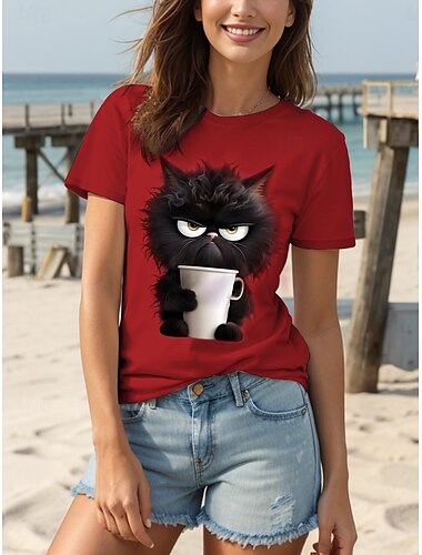  Damen T Shirt Grafik Tiermotiv Katze Vintage Stilvoll Klassisch Kurzarm Rundhalsausschnitt Rundhals Normale Oberteile Täglich Wochenende Druck Schwarz Weiß Rosa Rote Blau Sommer Frühling