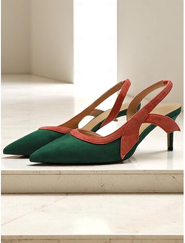  Slingback-Pumps in grünem und rostfarbenem Colorblock-Design für Damen, Pumps mit spitzer Spitze und niedrigem Absatz für legere Verabredungen und schicke Alltagsoutfits