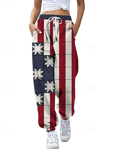  Damen Stoffhosen Hosen Hose Streetwear Lässig Volle Länge Natürliche Taille Nationalflagge Tasche Elastisches Kordelzugdesign Bequem Außenbereich Outdoor Urlaub Ferien Magenta Dunkelmarine