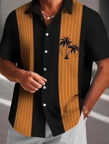  Herren Kokospalme Gestreift Hemd Sommer Hawaiihemd Knopfhemd Kurzarm Hawaiianisch Ferien Strandbekleidung Sommer Frühling Umlegekragen 3D-Druck Hemden mit Kragen Eine Tasche vorne Gelb Blau